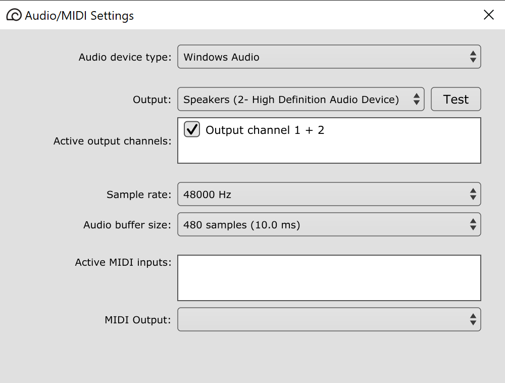 Audio/MIDI Settings on Windows