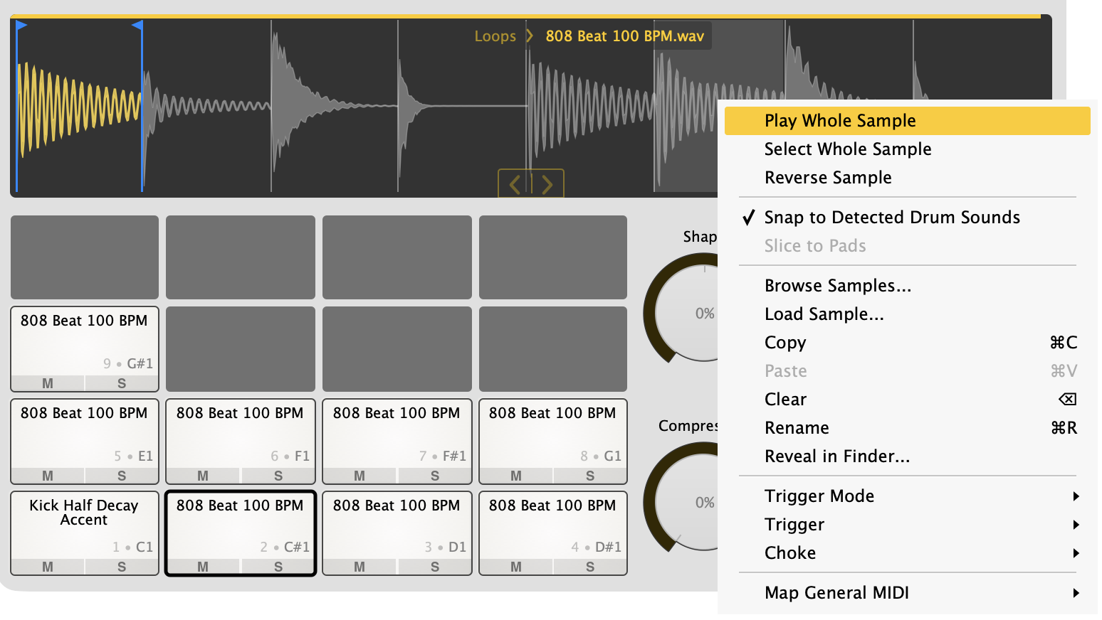The sample menu